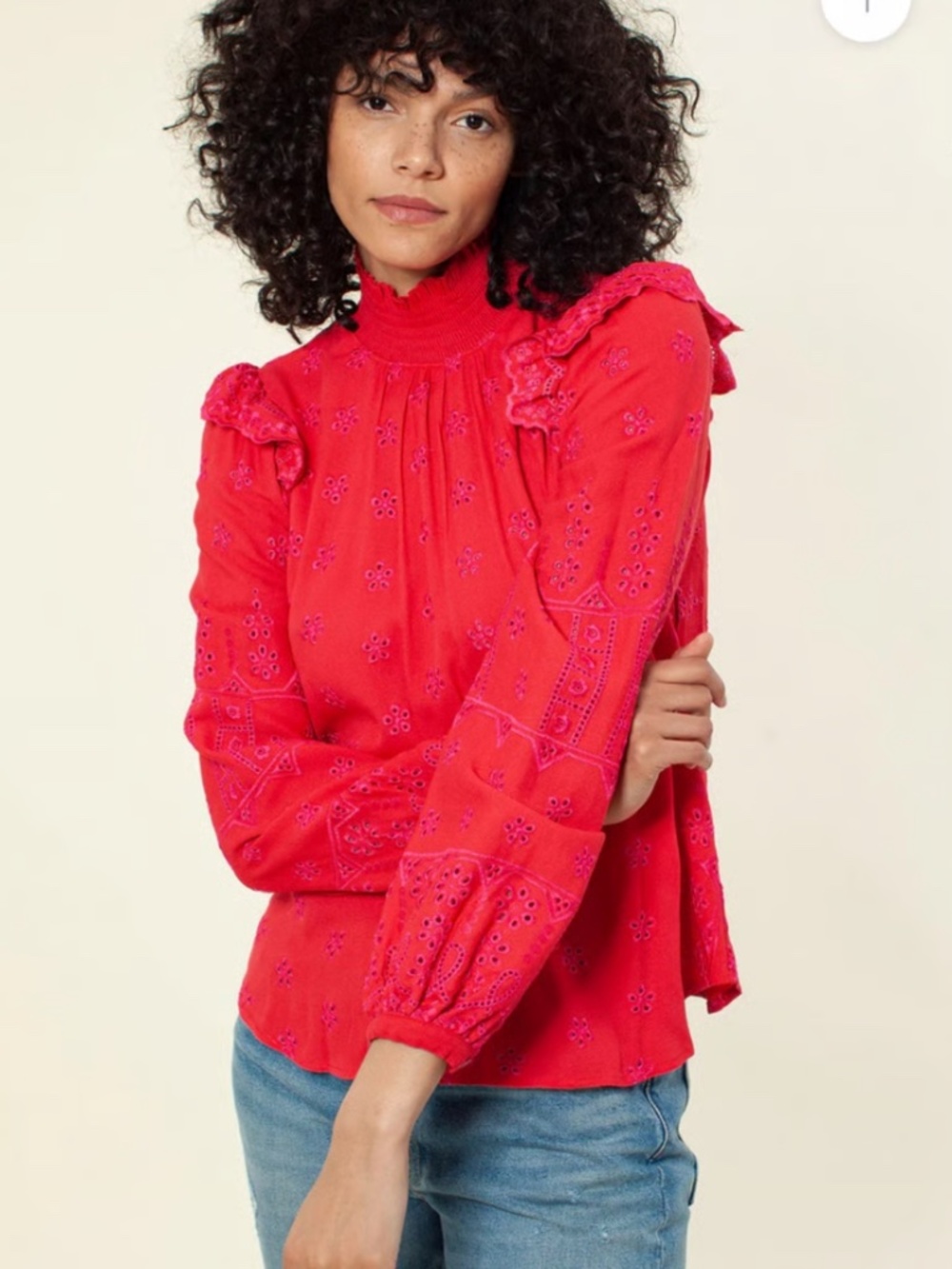 Hale Bob Yamina Embroidered Smocked Top Blouse Red size Small